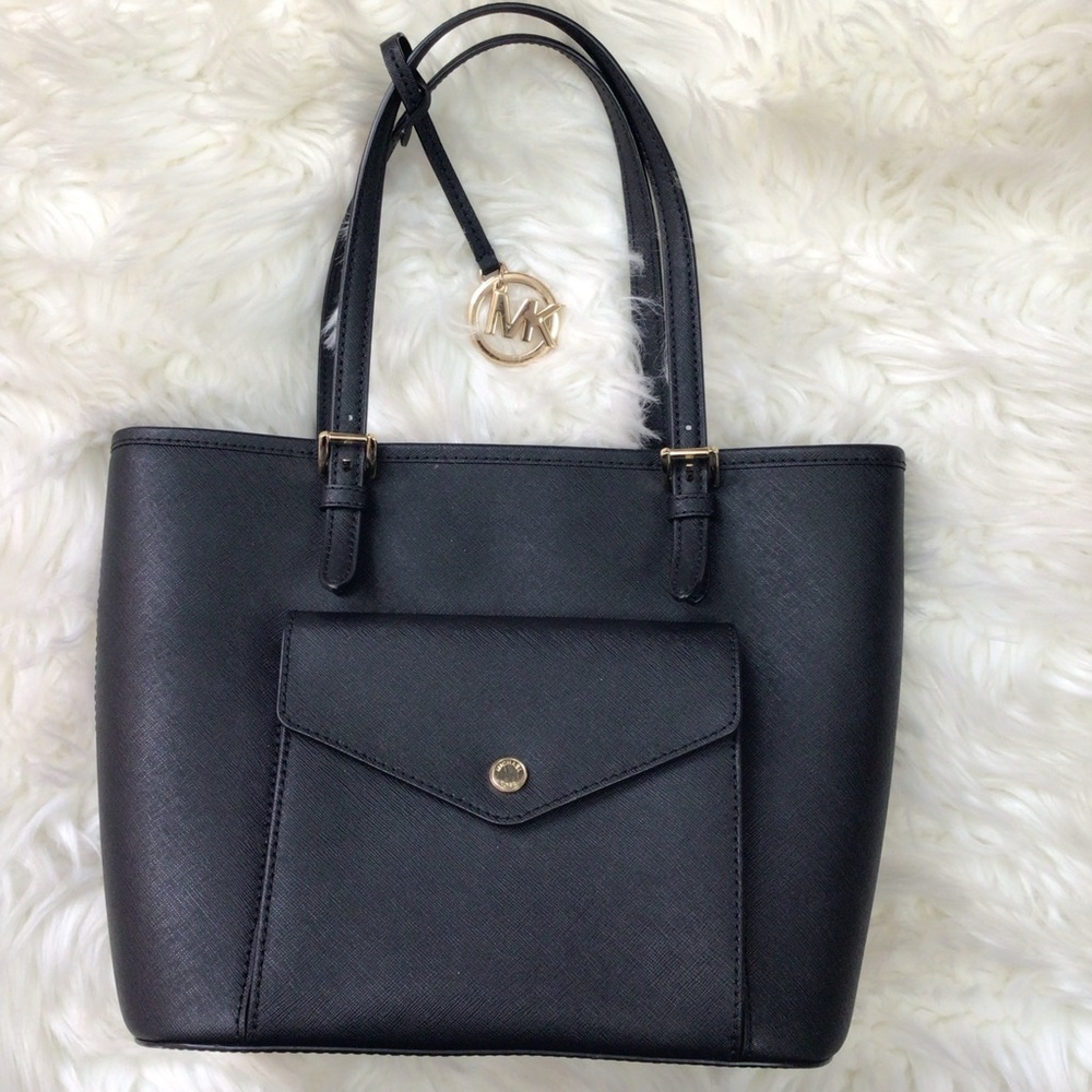 Michael Michael Kors Jet Set Medium Leather Pocket Tote Black Gold EUC

.